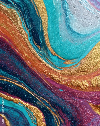 Close-up of abstract acrylic art featuring flowing curves and layered textures