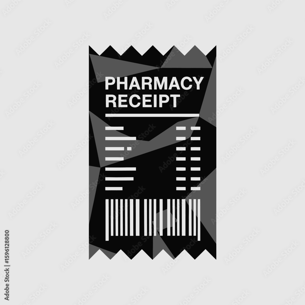 Naklejka premium Stylized pharmacy receipt with geometric design elements in black and gray, representing healthcare costs and prescription information, ideal for medical finance concepts