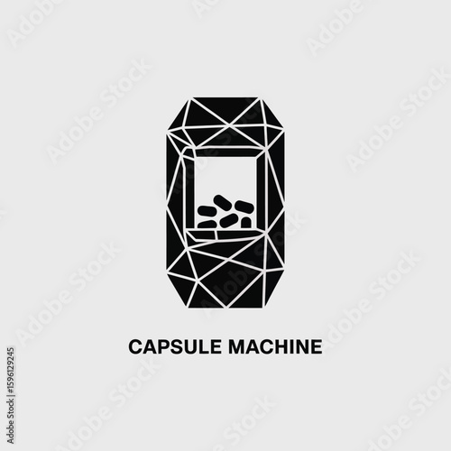 Black and White Capsule Machine with Capsules Inside, Geometric Design, Minimalist Style, Modern Look, for Pharmaceutical, Health, or Wellness Concepts