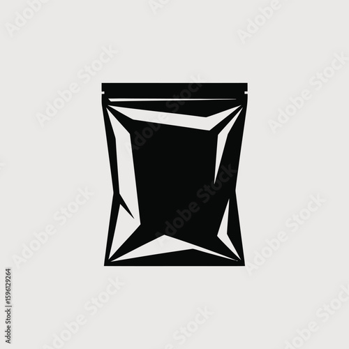 Minimalist design of a black, sealed foil package pouch with jagged edges, ideal for food, snacks, or supplements product packaging, promoting freshness and preservation