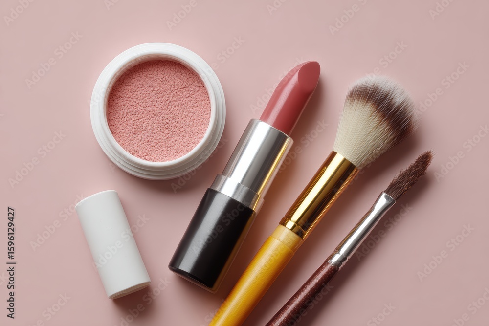 Obraz premium Flat lay of assorted makeup products like lipstick, brushes, and compact powder with soft pastel backdrop