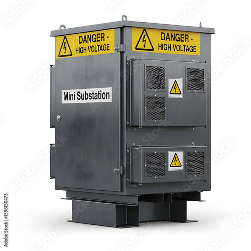 Mini substation with warning signs for high-voltage transformer