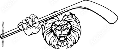 A lion ice hockey player cartoon sports mascot holding a hockey stick
