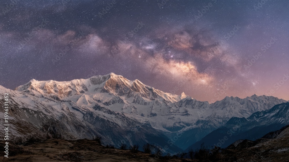 Fototapeta premium Snowy mountain range under a starry night sky.