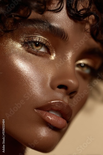 Close-up portrait of a woman with glamorous makeup featu shimmery gold eyeshadow and glossy lips, highlighting detailed skin texture and natural beauty