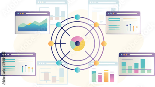 Data visualization with circular network and multiple interface windows displaying charts and graphs