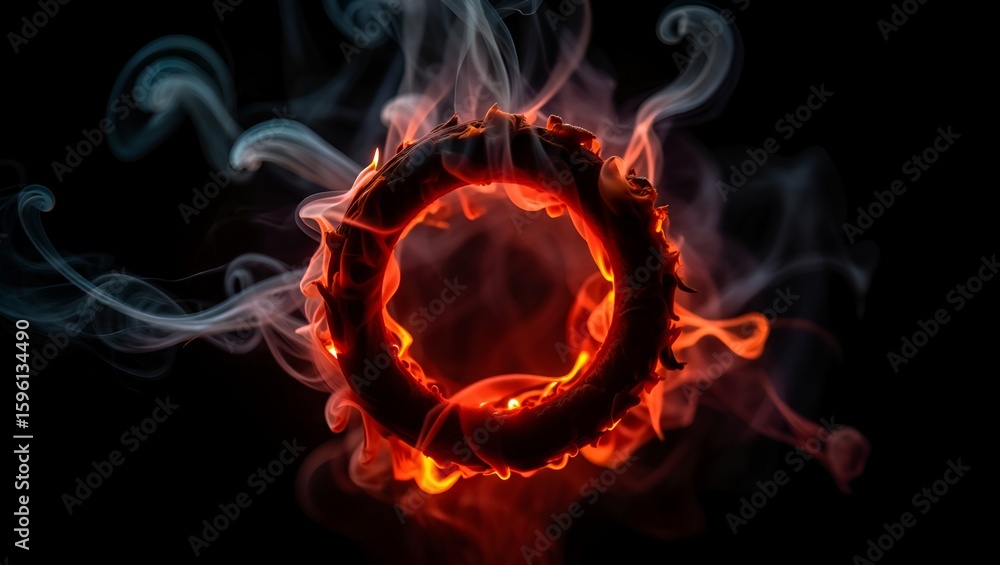 Fototapeta premium Fiery ring encircled by smoke, a dark and dramatic rendering showcasing intense heat and energy.