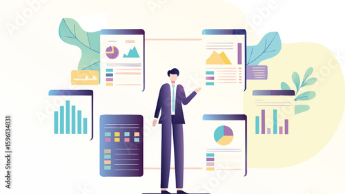 Presentation of business data with charts and graphs by a professional in a formal suit attire