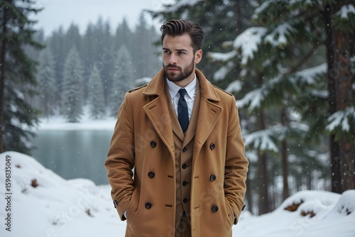 Elegant man in winter coat standing by serene lakeside surrounded by snow-covered trees