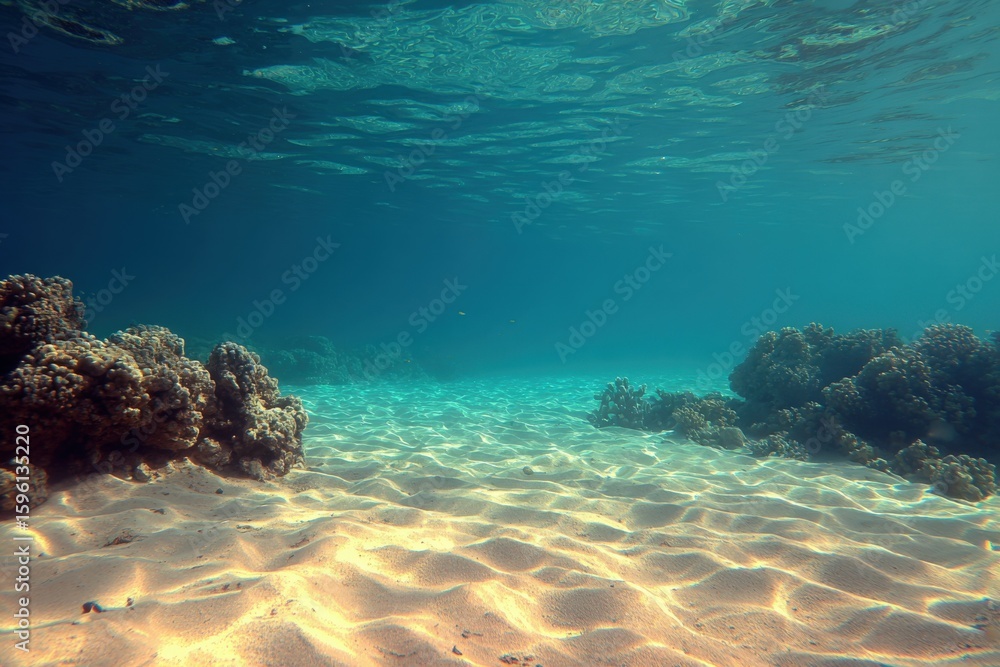 Fototapeta premium Underwater Coral Reef Scene with Sandy Ocean Floor and Clear Blue Water in Ocean Environment for Marine Life and Nature Photography
