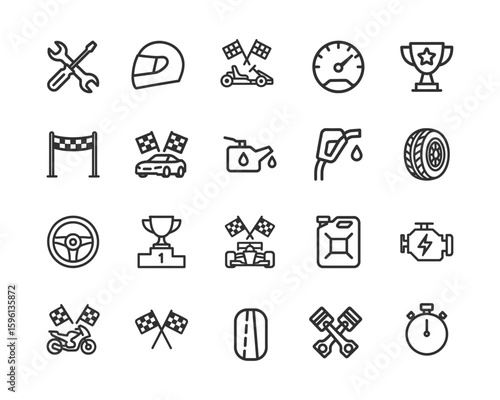 Motorsports Vector Icon Set, Racing car, helmet, motorcycle trophy, oil, engine, pit stop, fuel, flag, speed, competition icons