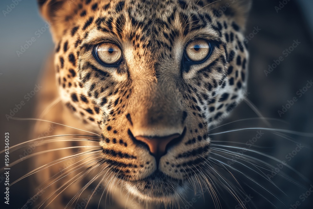 Obraz premium Close-up of a Wild Leopard with Intense Amber Eyes and Detailed Spots Showing Power and Grace in Natural Light