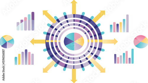 Circular data hub with pie charts, bar graphs, and directional arrows on a white background visual