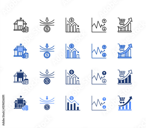 Macro Economy  icon sheet multiple style Inflation, Finance, Resilience, Downturn, Volatility.
