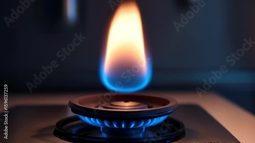 Igniting Gas Stove Burner with Blue Flame Kitchen Appliance