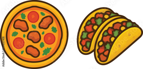 Fusion Food Vector Set – Butter Chicken Pizza and Masala Tacos Illustration