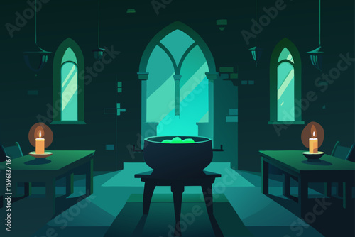 A creepy cauldron with green flames in a dark forest vector illustration