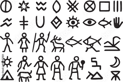 Ancient symbols and pictograms in a grid icons primitive