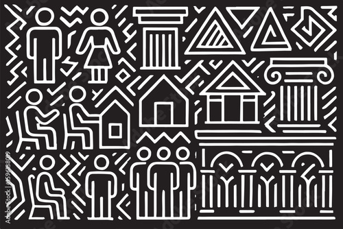 Black and white abstract illustration of people and buildings