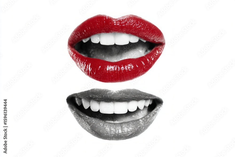 Obraz premium Close Up of Red and Silver Lipstick Lips Showing Teeth in Artistic Black and White Style
