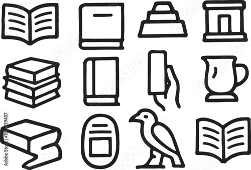 Collection of ancient Egyptian hieroglyphic symbols and objects