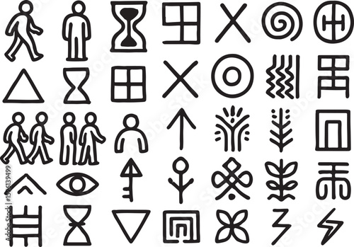Collection of primitive black and white graphic symbols