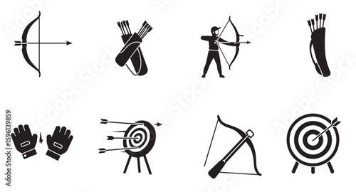 Archery icons set featuring bows arrows targets quivers and archer silhouette in black color