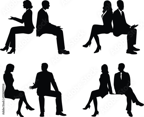Silhouette of Business Men and Women Sitting and Talking in Various Poses