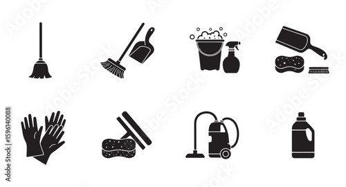 Black and white icon set of cleaning supplies for home or professional use