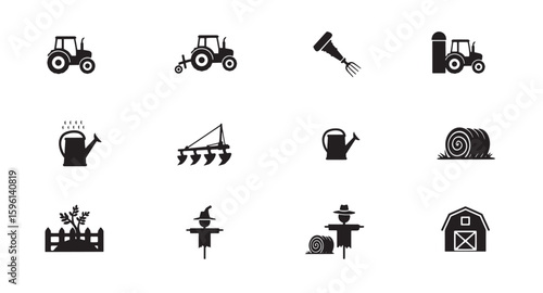 Collection of black and white farm icons depicting farming agriculture and harvest