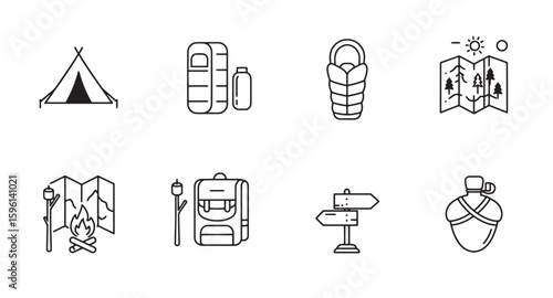 Collection of camping icons featuring a tent sleeping bag backpack and more outdoor elements