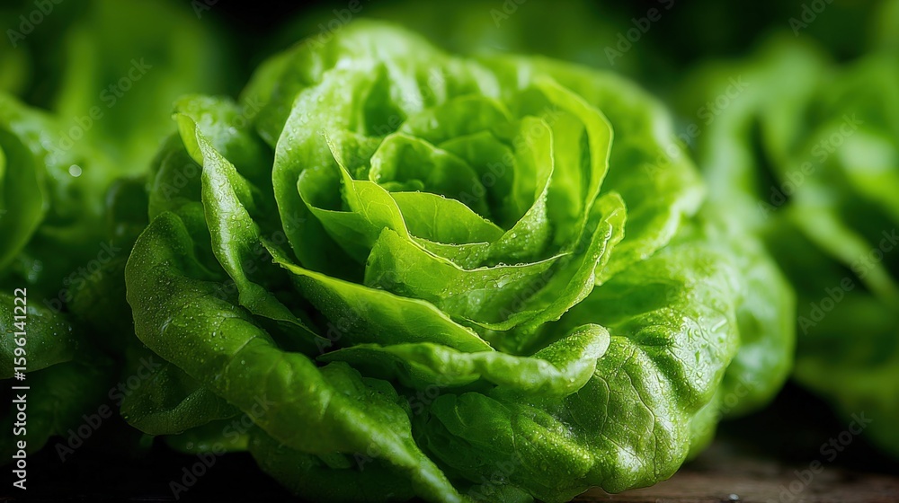 Obraz premium Fresh Green Butter Lettuce Head Close-Up Showing Crisp Leaves and Natural Texture for Healthy Food and Vegetable Images