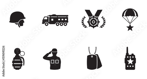 Collection of military icons featuring soldiers equipment and war related elements in black and white