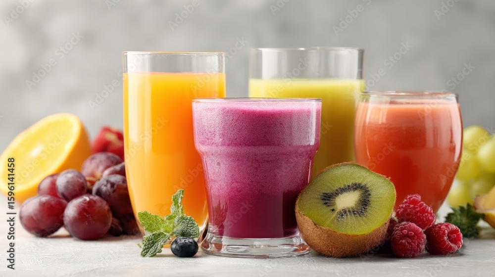 Set of fresh fruit juices in colorful glasses with assorted fruits on a light gray background ideal for healthy beverages and smoothies Set of fresh fruit juices in colorful glasses with assorted fruits on a light gray background ideal for healthy beverages and smoothies