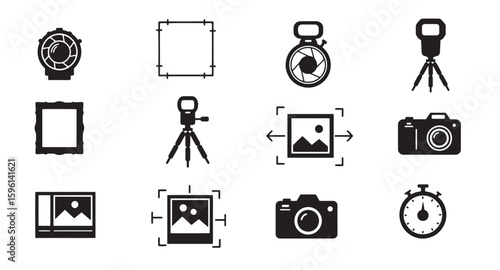 Collection of photography icons representing essential equipment and techniques for creative imaging