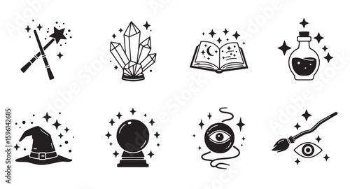 Magical witchcraft and sorcery elements black and white vector icons for halloween designs