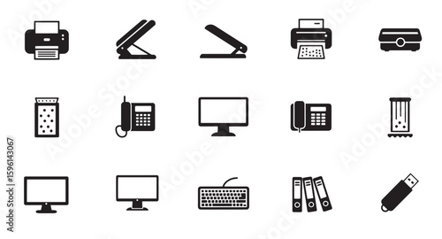 Office supplies and technology icon set black and white isolated on white background