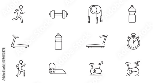 Simple black and white fitness and exercise equipment icon set for health and wellness