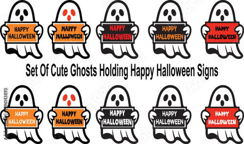 Set of cute ghosts holding happy halloween signs
