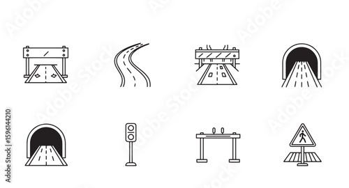 Simple line art illustration of road infrastructure elements and transportation icons
