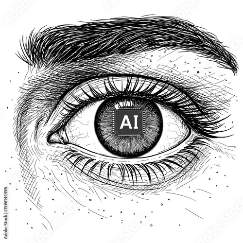 AI eye chip. Vintage ink sketch of artificial intelligence chip implanted into human eye symbolizing future technology and bionic vision, black and white vector engraving illustration

