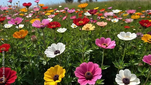 Vibrant Field of Colorful Osteospermum Flowers Under Blue Sky