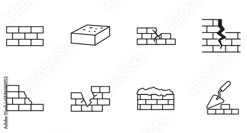 Vector illustration set of brick wall elements depicting construction and damage