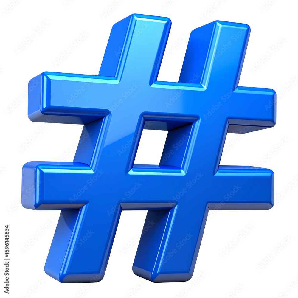 Obraz premium 3D Glossy Blue Hashtag Symbol with Soft Shadow, Isolated PNG