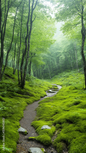 Lush green forest with winding path and mossy ground
