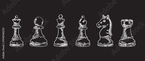 Chess sketch set drawn with chalk on blackboard
