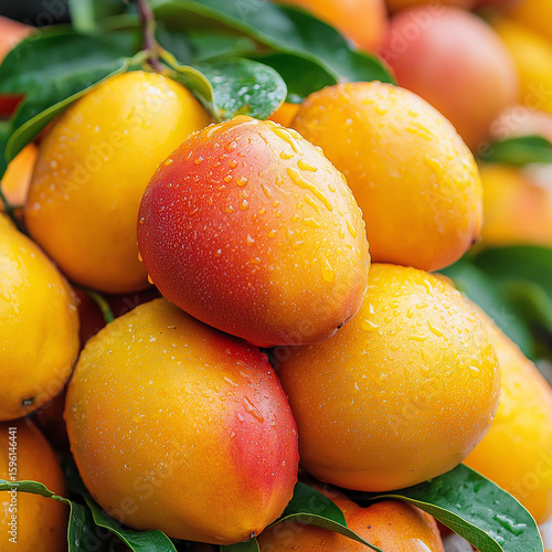 Fresh, ripe mangoes with droplets of water glistening
