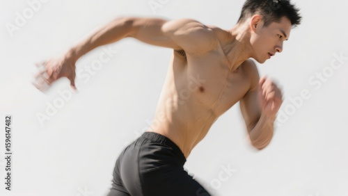 A shirtless man in black shorts is sprinting, showcasing his muscular build and intense focus against a plain background.