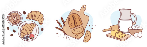bread sliced on board, ingredients for bread, breakfast with croissant and coffee, hand drawn illustration in doodle style