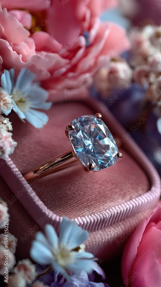 Elegant blue gemstone ring displayed amidst vibrant flowers in a soft pastel setting during a sunny afternoon Elegant blue gemstone ring displayed amidst vibrant flowers in a soft pastel setting during a sunny afternoon